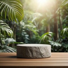 a stone sitting on a table with a plant in the background