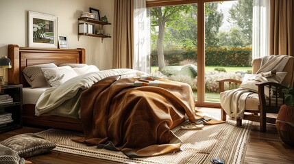 A guest room with a warm, inviting feel, showcasing a wooden bed with cozy blankets, a reading chair with a throw, a small bookshelf, and a large window with a garden view.