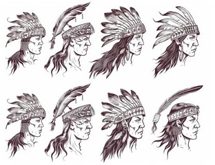 Obraz premium Indian chief sketches. Contemporary portraits of an indian man, an apache warrior, and a Cherokee archer with feather headdresses. History of America and ethnic culture theme.