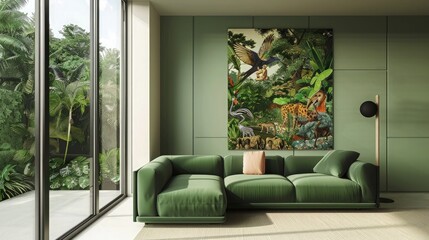 A biophilic designed luxury living space with a minimalist green sofa, large floor-to-ceiling windows with views of a private garden.