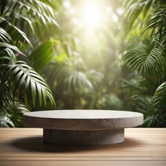 a stone sitting on a table with a plant in the background