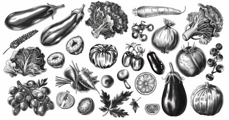 Isolated sketches of vegetables and farm food, tomatoes, peppers, carrots, onions, garlic, chillies and broccoli, cucumber, peas and pumpkin, mushrooms and radishes, eggplants and olives.