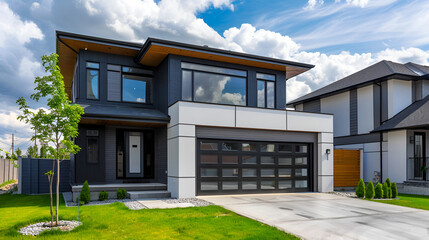 Architecture, modern house, modern architecture, new luxury house,Beautiful contemporary white house with lush grass and blue sky twilight and daylight
