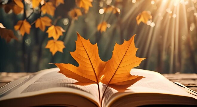 Open book with fallen leaves on wooden table