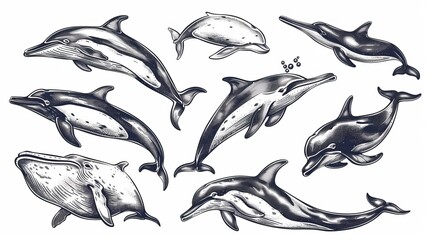 A modern sketches set of whales, dolphins, narwhals, and sperm whales with isolated hand drawn sea creatures. Underwater monsters swimming in water along with engravings of toothed whales and