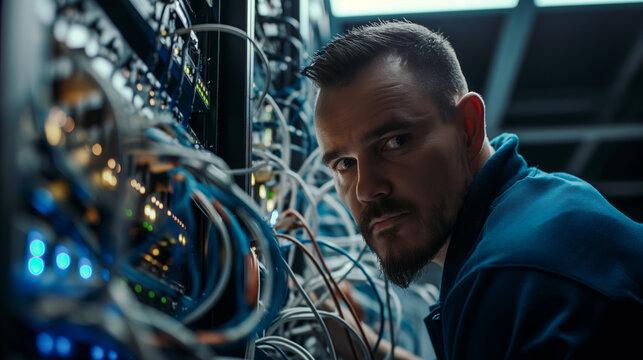 technology staff In a modern server room that is checking the Lan cable and internet connection