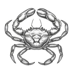 Monochrome sketch of a crab in the sea or ocean with an exoskeleton and pincers. Fresh or boiled, Crustacean with claws and shell, seafood.