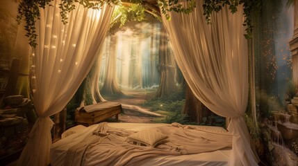 A guest room with a whimsical, fairy tale theme, showcasing enchanted forest wall murals, dreamy lighting, and a canopy bed with sheer drapes.