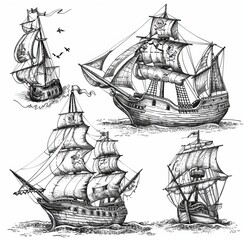 A sketch of a sail ship or brigantine, a modern pirate frigate icon or a vintage marine sailboat sketch or pencil hatching. Retro sailboats on sea and ocean waves with Caribbean flags and colors.
