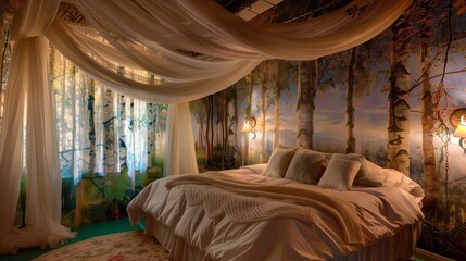 A guest room with a whimsical, fairy tale theme, showcasing enchanted forest wall murals, dreamy lighting, and a canopy bed with sheer drapes.