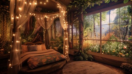 A guest room with a whimsical, fairy tale theme, featuring a canopy bed with twinkling lights, enchanted forest wall art, and a large window with a magical garden view.