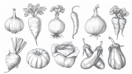 Various sketches of vegetables for kitchen accessories, recipe books, agriculture design such as corn, tomato, potatoes, carrots, cucumbers, bell peppers, eggplant, and pumpkins.