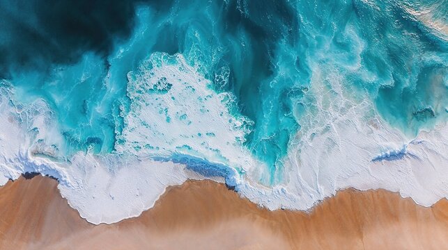 Powerful Overhead Photograph of Crashing Waves against a Golden Sand Shoreline. Nature Wallpaper.