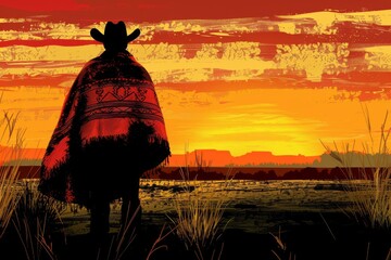 Obraz premium Typical Cowboy, Wild West Bandit in Traditional Stetson Hat and Shawl, Cowboy Flat Color Image,