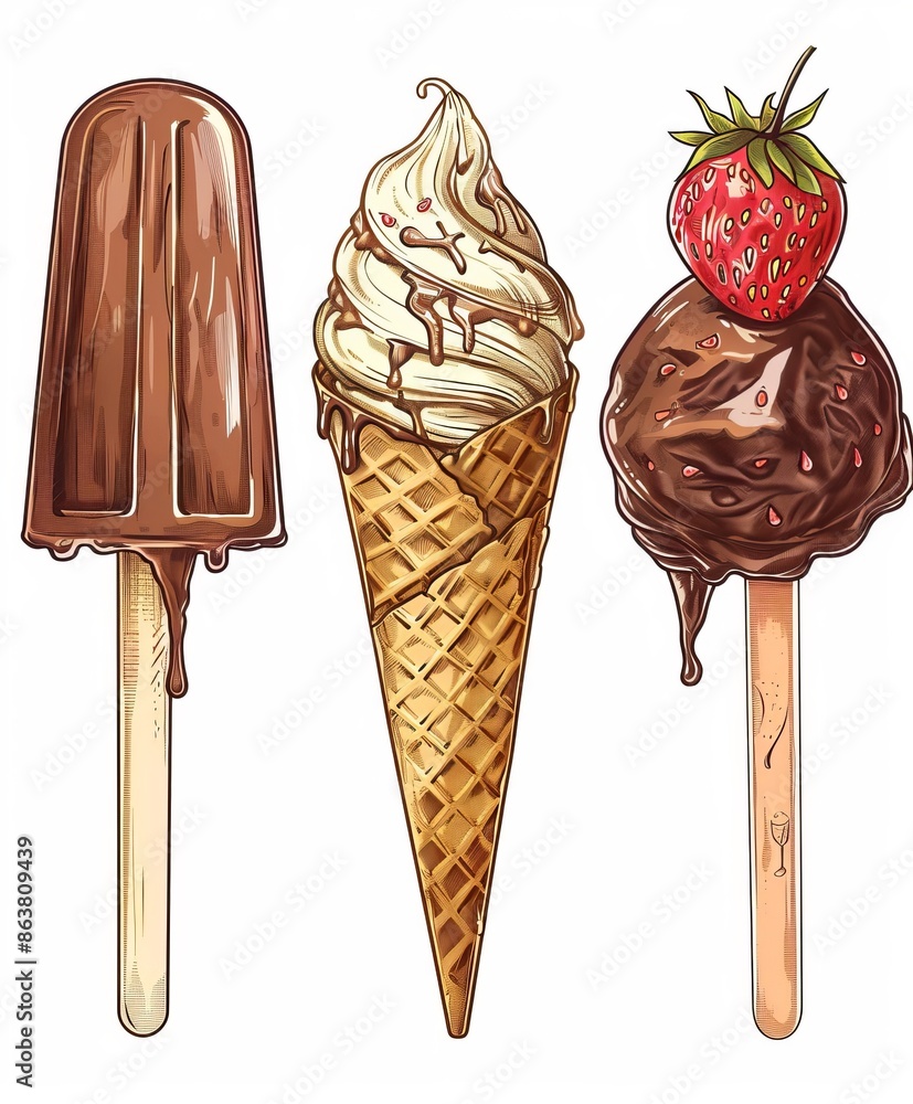 Canvas Prints The food design concept for ice cream with waffle cones and sticks. The design includes chocolate, vanilla and strawberry scoops, soft ice cream and gelato, fruit sorbet, glazed bars and popsicles,