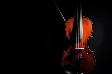 Fototapeta premium Elegant Violin and Bow on Dark Background. Music, Instrument, Classical, Orchestra
