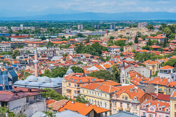 Plovdiv, Bulgaria. Scenic view of the Old Town district with the Friday Mosque and the Nebet Tepe
