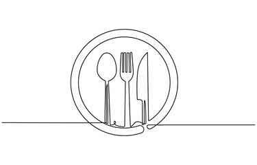 continuous single line drawing of dinner concept, plate with fork, knife and spoon, line art vector illustration, Continuous one line plate. Hand drawing art dinner theme with linear plate spoon knife