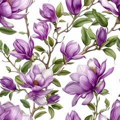 Seamless floral pattern with magnolia flowers and leaves. Watercolor illustration on white background. Design for fabric, textile, wallpaper, packaging.