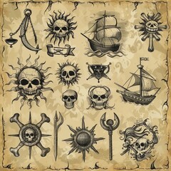 There are vintage map elements such as a sun and moon, wind and tsunami, and water swirl. There is also a pirate map with a skull wearing a tricorne hat and the pennant flag, a treasure island, and