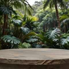 Fototapeta premium a stone sitting on a table with a plant in the background