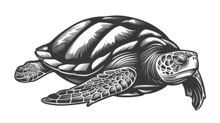 Obraz premium Isolated monochrome sketch icon of a wood turtle. Modern caretta ocean terrapin with shell, aquarium pet, mascot of sea reptile. Loggerhead sea turtle, reptile, nautical tortoise.