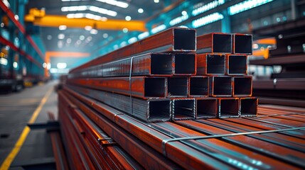Stack of Rectangular Steel Tubes in Warehouse. Stack of rectangular steel tubes is neatly arranged in a large industrial warehouse, ready for distribution.
