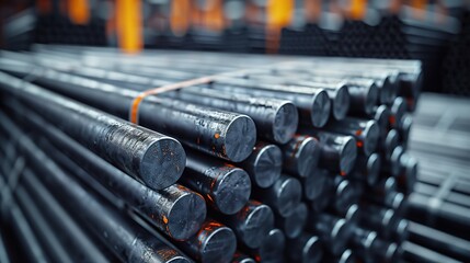 Round Steel Bars Stacked in Warehouse. Collection of round steel bars, bound together, is stored in a spacious warehouse, emphasizing the readiness for industrial use.