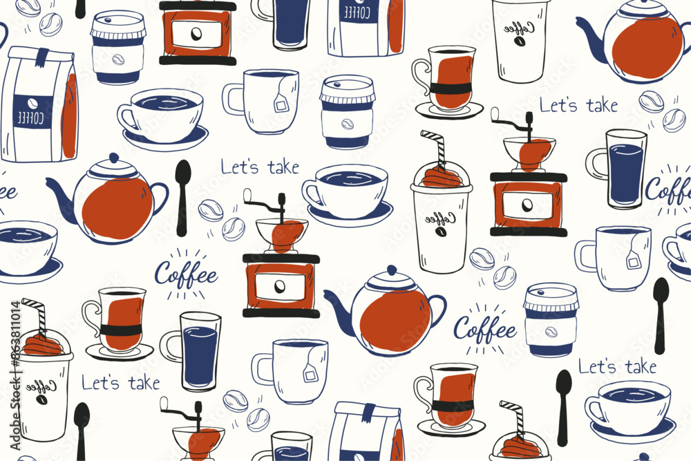Poster drawn coffee pattern. stylish and seamless vector pattern with coffee and tea bags.