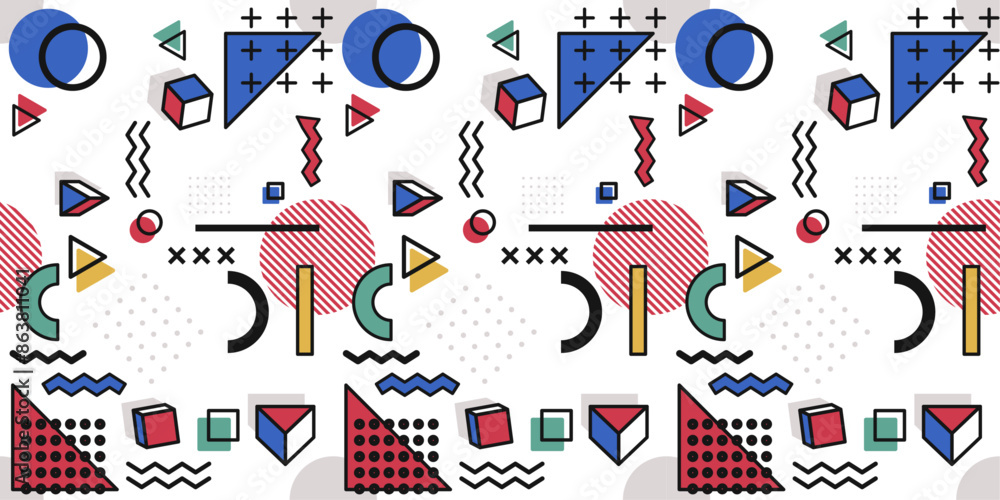 Poster A pattern with a recognizable Memphis style. Memphis vector and seamless pattern, stylish modernist pattern.