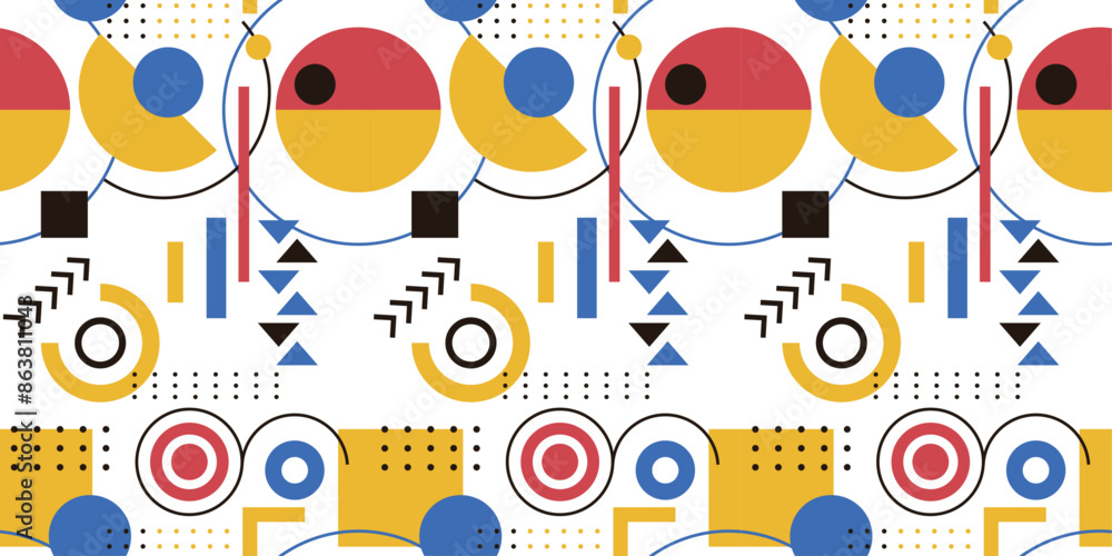 Aufkleber avant-garde geometry, seamless pattern of orange-red circles, triangles, abstract shapes.