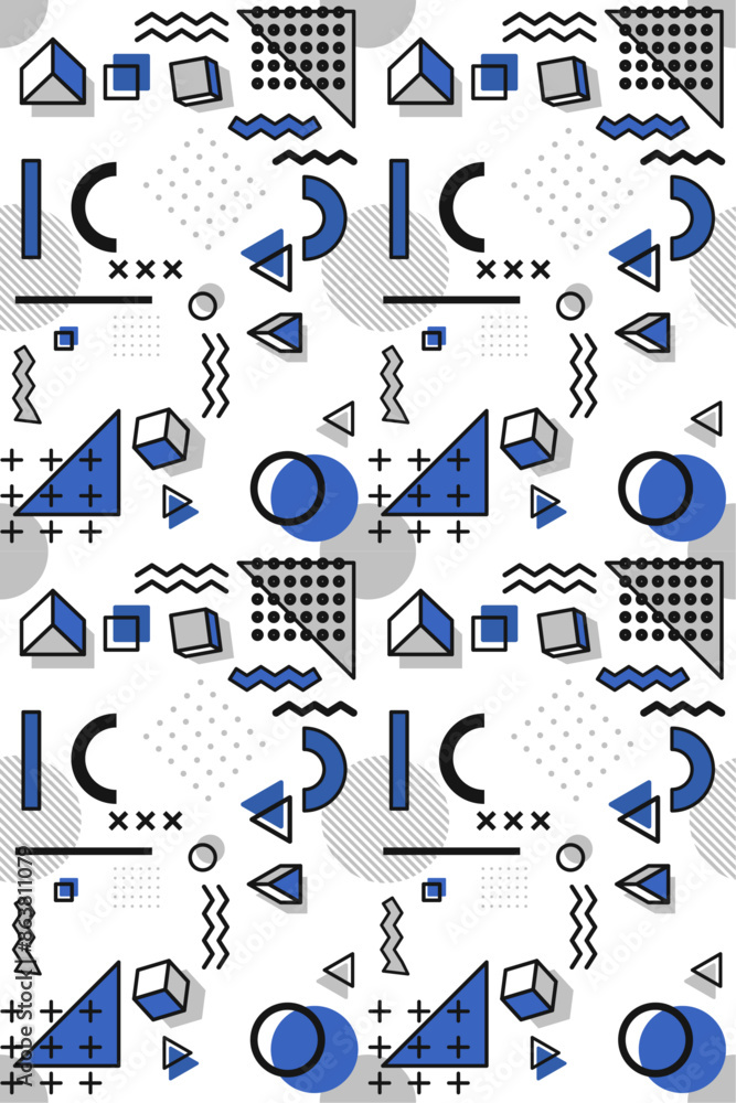 Poster geometric memphis pattern. seamless blue and white stylish pattern of triangles, circles, zig-zags.