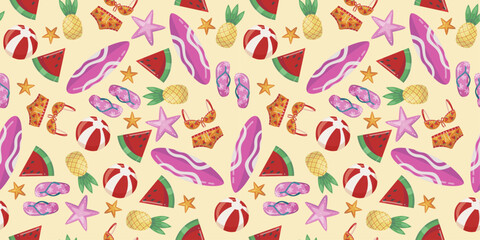 Attributes of summer and beach holiday. Vector pattern of beach accessories. Watermelon, surfing, swimsuit, beach ball, starfish.