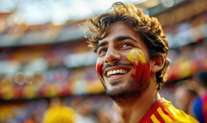 Obraz premium Joy and Pride Evident on the Face of a Spanish Football Fan Cheering in the Stadium Generative ai