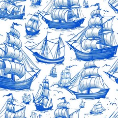 A seamless pattern with sail ships, corvettes, frigates, and brigantines on white. Vintage modern sketch ornaments with nautical boats and flags.