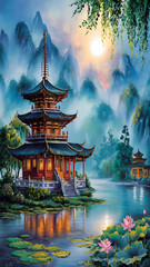 Obraz premium A serene and picturesque scene of a traditional East Asian pagoda nestled amidst misty mountains.