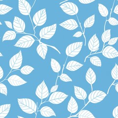 Seamless Floral Pattern with White Leaves on Blue Background. Nature, Spring, and Summer Concept for Textiles, Wallpaper, Wrapping Paper