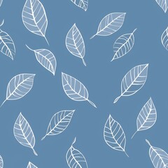 Obraz premium Elegant White Leaf Pattern on Dusty Blue Background, Seamless Floral Design for Fabric, Wallpaper, and Home Decor