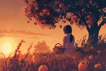 A girl with a basket of apples, sitting on a hilltop in an orchard during sunset, cozy vibe, Generative AI