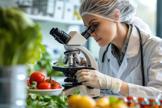 Portrait of a microbiologist examining food samples under a microscope, high quality photo, photorealistic, laboratory setting, bright lighting,