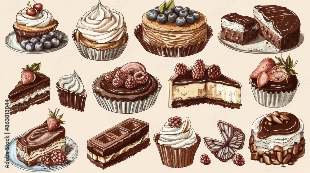 Canvas Prints Modern sketches of patisserie and bakery desserts and cakes, with berry toppings, souffles, waffles, brownies, tiramisu and cheesecakes.