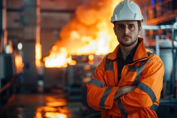 Portrait of a safety officer conducting a fire drill in a food factory, hyper-realistic, high detail, photorealistic, professional attire,