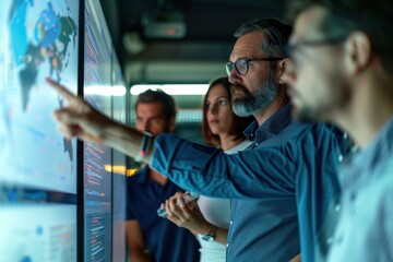 Fototapeta premium Portrait of a production manager discussing workflow with team members, high quality photo, photorealistic, collaborative environment, studio lighting,