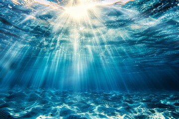 Underwater Sun Rays, Deep Water Sunlight, Under Sea Sunbeams Background, Blue Ocean Bottom