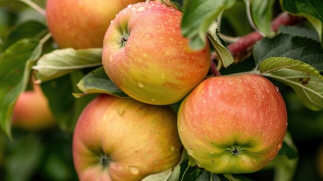 Ripe Renette Simirenko apples on a tree in the orchard amid lush leaves prepared for picking