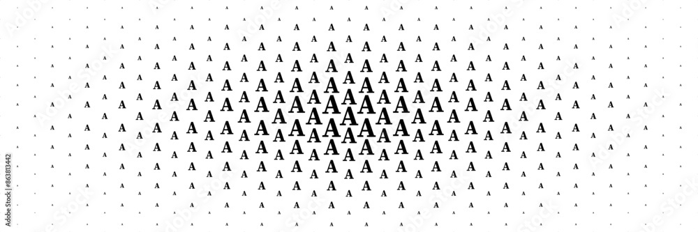 Poster horizontal halftone of black capital letter a spreading from center for pattern and background.