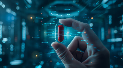 Close-up of a hand holding a digit capsule with medicine. New technologies. Pharmaceutical logistics. Science and technology concept.