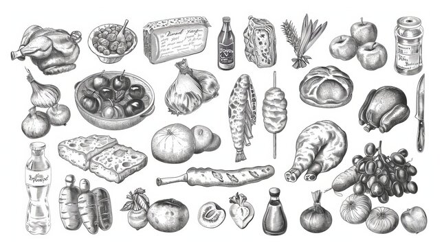 Meal planner with modern timetable, food plan organizer with sketch farm and meat products with bakery. Weekly menu calendar and shopping list.