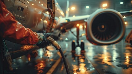 Airport worker refueling jet under bright lights. Airport worker refueling a jet under bright lights at night, with reflections on the wet tarmac.