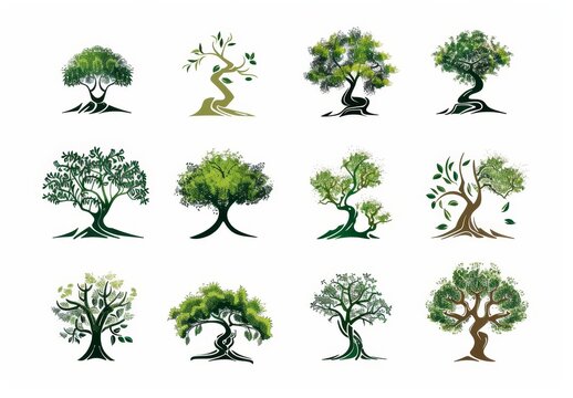 A modern set of engraved old olive, willow or oak trees. Plant silhouettes with twisted trunks and branches, big crowns, green foliage and exposed roots.